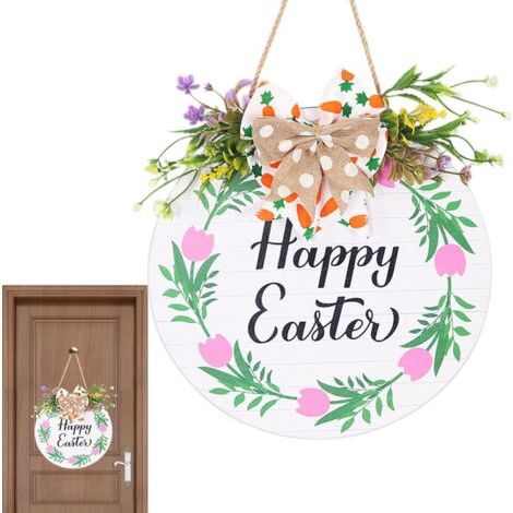 [Cadeaux de Pâques]Panneau de Porte Rond de Pâques, décorations de Bienvenue de Porte de Couronne de Pâques  Panneau de Porte d’entrée saisonnier  Panneau de Bienvenue Mural de Vacances Rustique et él (1/5)