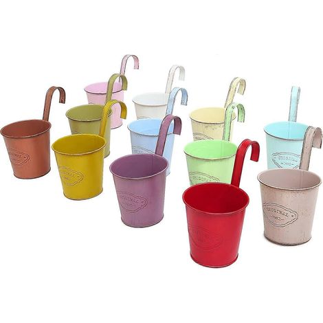 Lot de 12 petits pots de fleurs suspendus colorés avec crochet amovible, jardinière de balcon en métal, pot suspendu vintage pour balcon, jardin, extérieur et mur intérieur D (1/4)