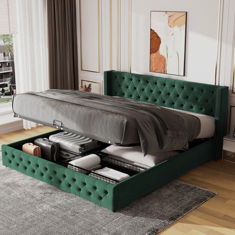 Upholstered bed, 135190, with hydraulic lever, functional bed from storage,velvet, green (1/4)