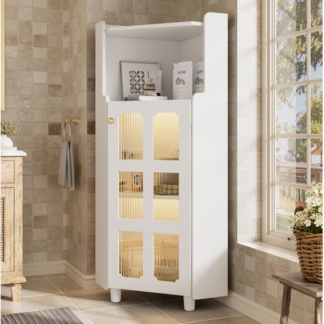 Armario esquinero con LED, 63.5x124 cm, almacenamiento 2 en 1, MDF, blanco (1/5)