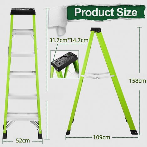 Escabeau pliable double face fibre de verre 5 niveaux, pieds antidérapants, isolant électricité, capacité 150 kg, coloris vert (1/5)