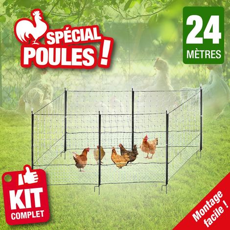Filet pour poules 24m – Hauteur 1,15m – Clôture en plastique noir et vert – 9 piquets en fibre de verre inclus – Outiror (1/5)