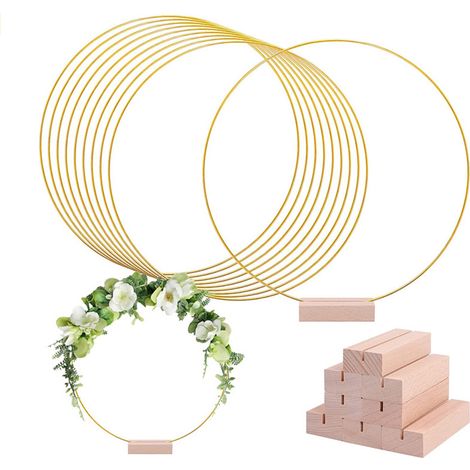 Couronne florale en métal de 30 cm avec support en bois, idéale pour un centre de table ou une décoration florale de mariage à faire soi-même. (1/5)