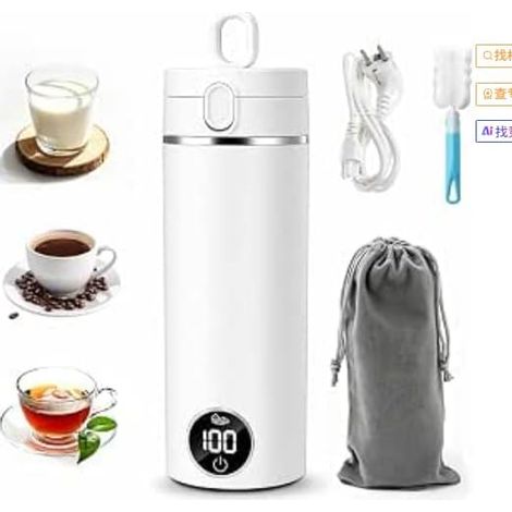 500ML Mini Bouilloire Electrique Portable, Bouilloire de Voyage Portable, Tasse de Chauffage Rapide avec 6 Temperatures, Arrêt Automatique en Acier Inoxydable 304, pour Thé Lait Café (Blanc)