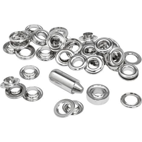 Rapid Eyelet with Ring – Pack of 25 Silver-Colored Eyelets, 12 x 23 mm, Includes Installation Tool