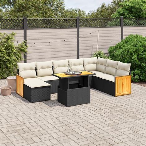 Ensemble de jardin 9 places en résine tressée noir avec coussins crème - Table extensible acacia - Meuble extérieur modulaire (1/3)