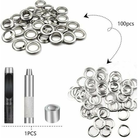 Trousse à œillets 12mm, kit de 100 grommets pour toile, bâche, tente de réparation, argent (1/5)