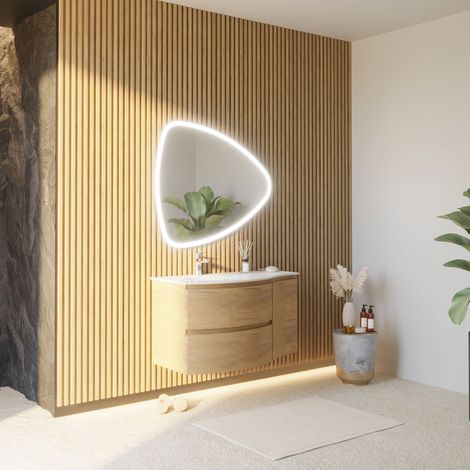 Kiamami Valentina – Armoire de salle de bains murale incurvée 105 cm chêne miel – 2 tiroirs et miroir rabattable – Lavabo en résine asymétrique blanc (1/5)
