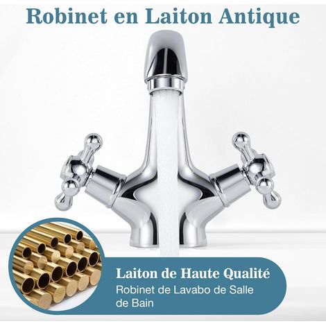Mitigeur lavabo brossé rétro double poignée – Robinet salle de bain finition laiton ancien – Raccord G3 8 – Couleur argenté (1/5)