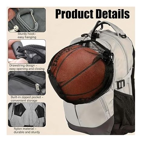 Ball Storage Net Bag Ball Bag with Drawstring Pocket Zippered Carabiner Breathable Mesh for Volleyball Training Football Training Black Orange (1/4)