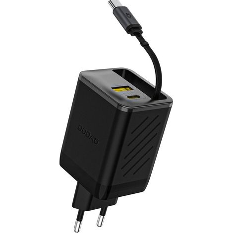 USB-A/USB-C-GaN-67-W-Wandladegerät mit einziehbarem USB-C-PD-QC-Kabel – Schwarz (1/5)