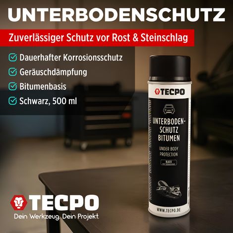 TECPO Unterbodenschutz Bitumen 2x 500ml schwarz Steinschlagschutz UBS Versieglung Spray Schutz vor Steinschlag, Rost, Chemikalien mit Anti-Dröhn-Wirkung + Pistolengriff