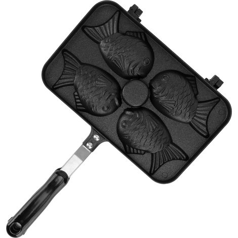 Taiyaki-Waffelpfanne mit 4 antihaftbeschichteten, doppelseitigen Backplatten und hitzebeständigem Griff aus schwarzer Aluminiumlegierung für die Küche (1/5)