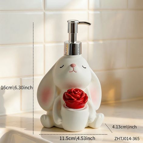 (Rouge - 280 ml) Distributeur de lotion en résine avec motif lapin et rose, flacon pompe rechargeable de 280 ml, pour lavabo, lavabo, savon pour les mains, shampoing, décoration de bureau ou contenant (1/5)