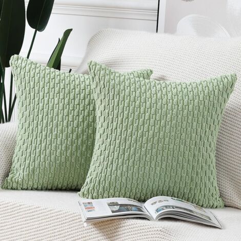 Ede Lot de 2 Housses de Coussin en Velours côtelé rayé Boho Housse de Coussin décorative Douce pour canapé Chambre à Coucher Vert Clair 60 x 60 cm (1/5)
