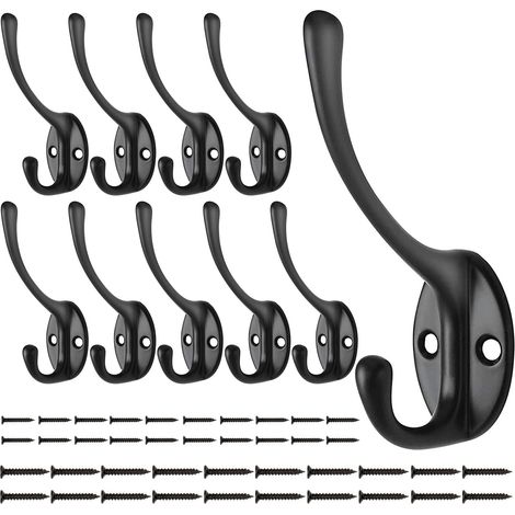 10 Pièces Crochet Mural Patère Noir, Porte Manteau Murale Vintage Crochet pour manteau Crochet col de cygne Crochet Mural Double avec 40 vis, pour Porte Salle de Bain Cuisine (1/5)