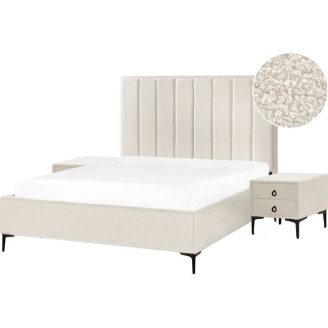 Conjunto de dormitorio cama 160 x 200 cm y 2 mesitas de noche bouclé blanco crema Sezanne