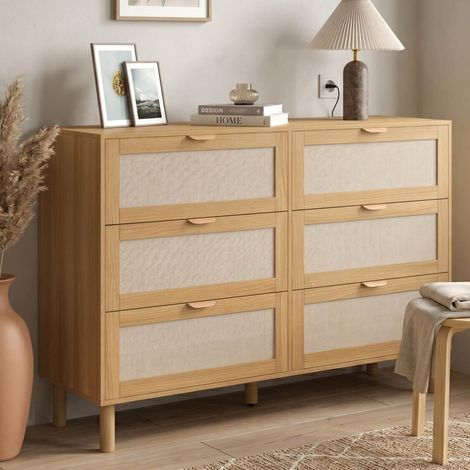 Cómoda ROBIN 6 cajones 115 cm madera y tela efecto lino (1/5)