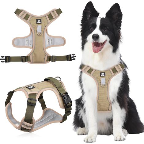 Harnais Chien, Réfléchissant Respirante Harnais Anti Traction pour Chien, Facile à Mettre, Solide Respirant, Harnais Anti Traction pour Chien Moyen et Grand, Kaki, L (1/5)