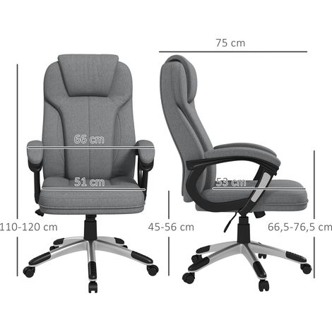 Fauteuil ergonomique de travail à bascule, siège réglable en hauteur, repose-tête, accoudoirs, revêtement lin gris, dimensions 66 x 75 x 110-120 cm pour un soutien optimal durant vos heures de bureau. (1/4)