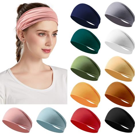 Headband - 12 Pièces - Élastique Large 9,5 cm x 23 cm - Extensible Jusqu'à 34 cm - Pour Sport Yoga Course - Noir Gris Rose Bleu Vert Jaune Orange Violet Marron Beige Blanc (1/5)