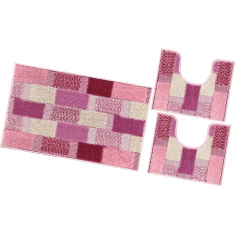 Tappeto Bagno Set 3 Pezzi Moderno Soffice Antiscivolo Assorbente Doccia 100% Made In Italy - Rosa