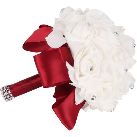 Bouquet de mariée artificiel en fleurs avec strass, décoration pour mariage ou maison (rouge vin) (1/5)