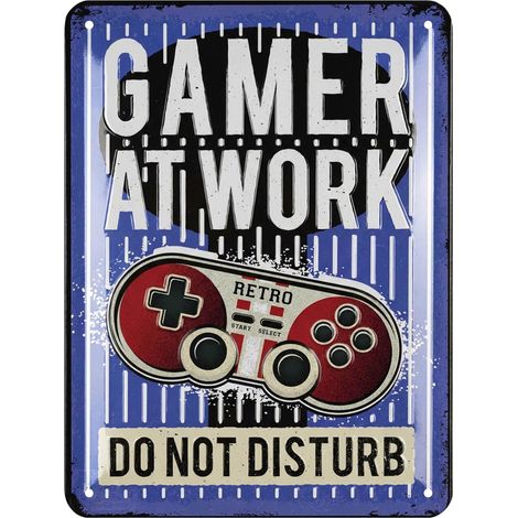 Plaque en tôle rétro - Panneau de jeu - GAMER AT WORK - Plaque de porte « Bitte nicht stören » - Cadeau de joueur - Zone de jeu - Décoration amusante pour chambre d'adolescent pour joueur - 15 (1/5)