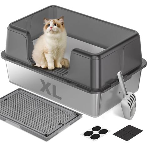 Stainless Steel Cat Litter Tray 60 x 40 x 30 cm with Litter Mat and Litter Scoop - Does Not Stick to Residue or Pull Odors (1/5)