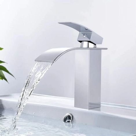 Wasserfall-Waschtischarmatur, Messing-Badarmatur, Waschtischmischer mit großem Wasserauslauf, Warm- und Kaltwasseranschluss