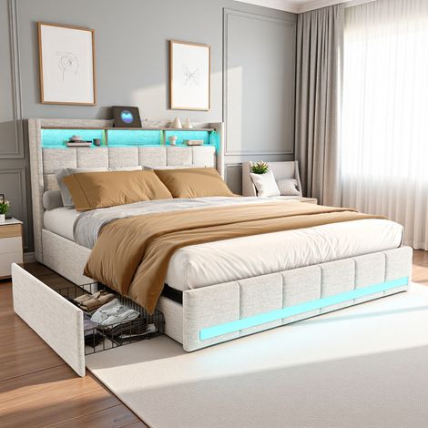 Lit 140x200 cm, avec quatre tiroirs, éclairage LED réglable, 2 USB et 1 fonction de charge tpcy-c, lin, convient aux adultes et aux adolescents,Beige (1/5)