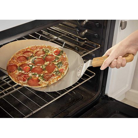 10-Zoll-Pizzamesser aus Edelstahl mit Holzgriff, Kuchenschieber, Kochwerkzeug zum Schneiden von Käsepizza, Küchenzubehör. (1/4)