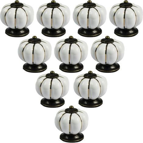 Juego de 10 pomos de cerámica estilo europeo vintage con forma de calabaza para cómodas, armarios y cajones, color blanco (1/5)