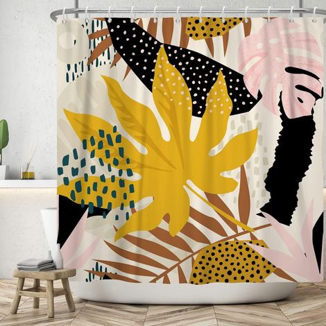 180x180cm Or Feuille D'éRable Rideau De Douche Art Abstrait Rideau De Salle De Bain BohèMe Mi-SièCle Rideaux De Douche Rose Gris Plante Feuilles Rideaux De Douche pour DéCor De Bain (1/5)