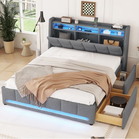 Bett 140x200 cm Grau aus Leinen mit APP-LED, USB und 2 Schubladen (1/5)