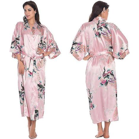Langer Damen-Bademantel im Kimono-Stil aus weichem, luxuriösem Seidensatin, Morgenmantel, Nachthemd – Rosa – Größe L