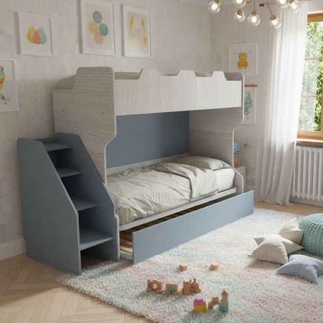 Letto a castello salvaspazio con terzo letto estraibile e scala laterale - Ideale per camerette - Rovere Rock e Avio