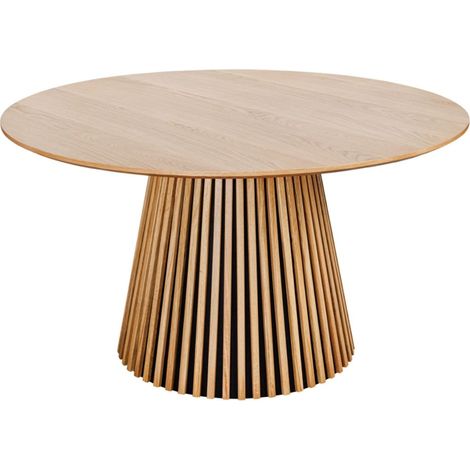 Table KANOVA 140 cm – Runde Tischplatte aus hellem Eichenholz und zentrales Designgestell – Moderner Stil
