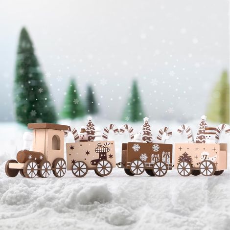 Train en bois miniature de Noël avec bonhomme de neige, ornement naturel pour décoration intérieure de chambre, jouet décoratif festif (1/5)