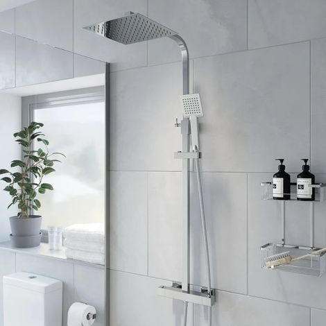 Thermostatic Mixer Shower Dual Square Head Riser Rail Handset Cool Touch Chrome (1/5)