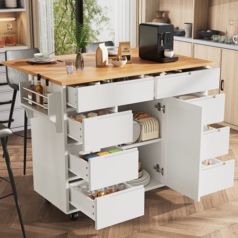 Chariot îlot cuisine mobile plateau rabattable 8 tiroirs placard amortisseur porte support épices barre porte-serviettes roulettes freinables blanc, dimensions replié 122x46x91,5cm déployé 122x74,5x91 (1/5)