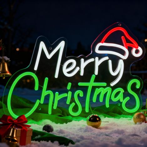 Décoration murale néon « Joyeux Noël » - 10 niveaux de luminosité réglables - Décorations lumineuses de Noël avec chapeau de Noël - Alimentation USB - Idéale pour fenêtres, salon, fêtes, bureau, cadea (1/5)