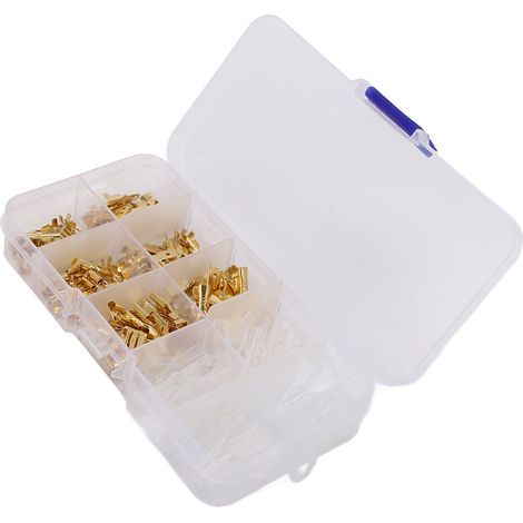 Kit de 135 cosses à sertir mâles et femelles plaquées or, pressées à froid, diamètres 2,8 mm, 4,8 mm et 6,3 mm. (1/5)