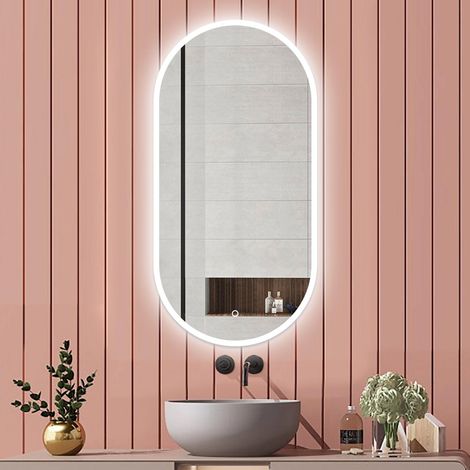 Aica Miroir salle de bain Ovale Lumineux 60x100cm Tricolore + Dimmable + Mémoire + Anti-Buée, CE IP44
