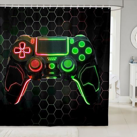 Garçon Rideau de Douche Jeux Rideau Douche Salle de Jeux Décor Salle de Bain Décor,3D Vert Rouge Poignée de Jeu Poignée de Jeu Imperméable Rideau Géométrique Nid D'Abeille Impression Rideau,180x200 - (1/5)