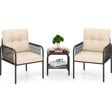 Ensemble de Meubles 3 Pièces de Patio en Rotin PE, Salon de Jardin 2 Fauteuils Table Basse en Verre Trempé avec Coussins de Dossier (1/5)
