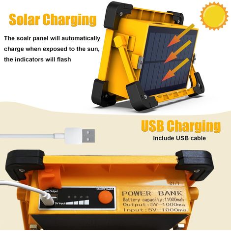 80W Projecteur LED Rechargeable, 4 Modes Lampe de Travail Solaire Portable avec USB, Projecteur de Chantier d'urgence étanche avec Batterie 11000mAh pour Camping, Travaux, Bricolage (1/4)