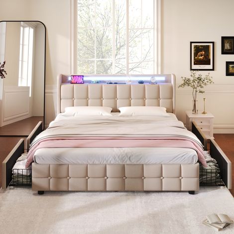 Letto matrimoniale imbottito 180x200 cm, con 4 cassetti, illuminazione LED, porte e prese USB, doghe, biancheria, letto queen size - Beige