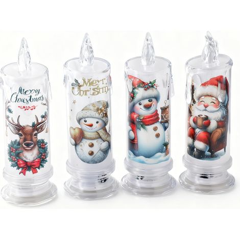 Bougie Électrique Sans Flamme - Motif Noël - Base Intégrée - Fonctionne Sur Piles AA - Décoration Intérieure Table Jardin Balcon - Lot De 4