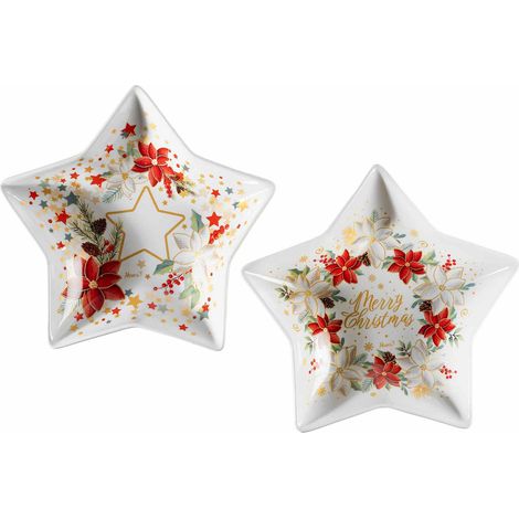Piatti / vassoi adatti all'utilizzo alimentare in porcellana a forma di stella con decori stella di Natale e scritta, set da 2 pezzi, cm 25 x 24 H